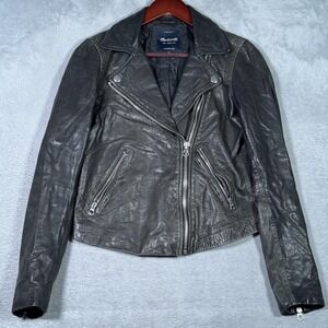 Madewell Jacket Womens S Black Washed Leather Moto Biker Asymmetrical Zip *FLAW